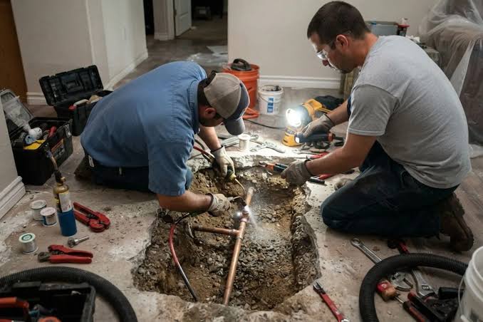 Plumbers repairing a pipe exposed beneath concrete flooring